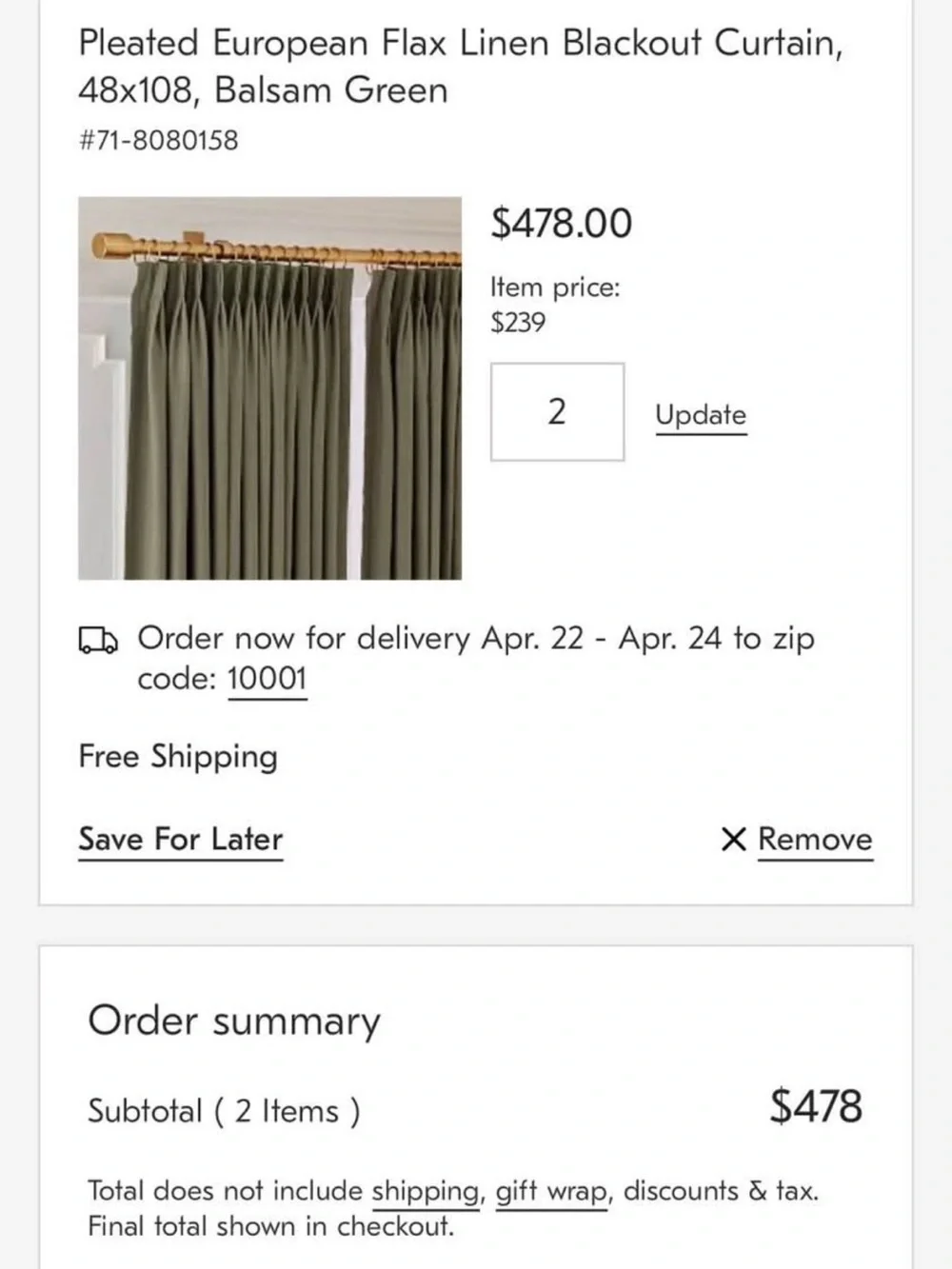 West elm balsam green 48x108 curtains (set of 2)